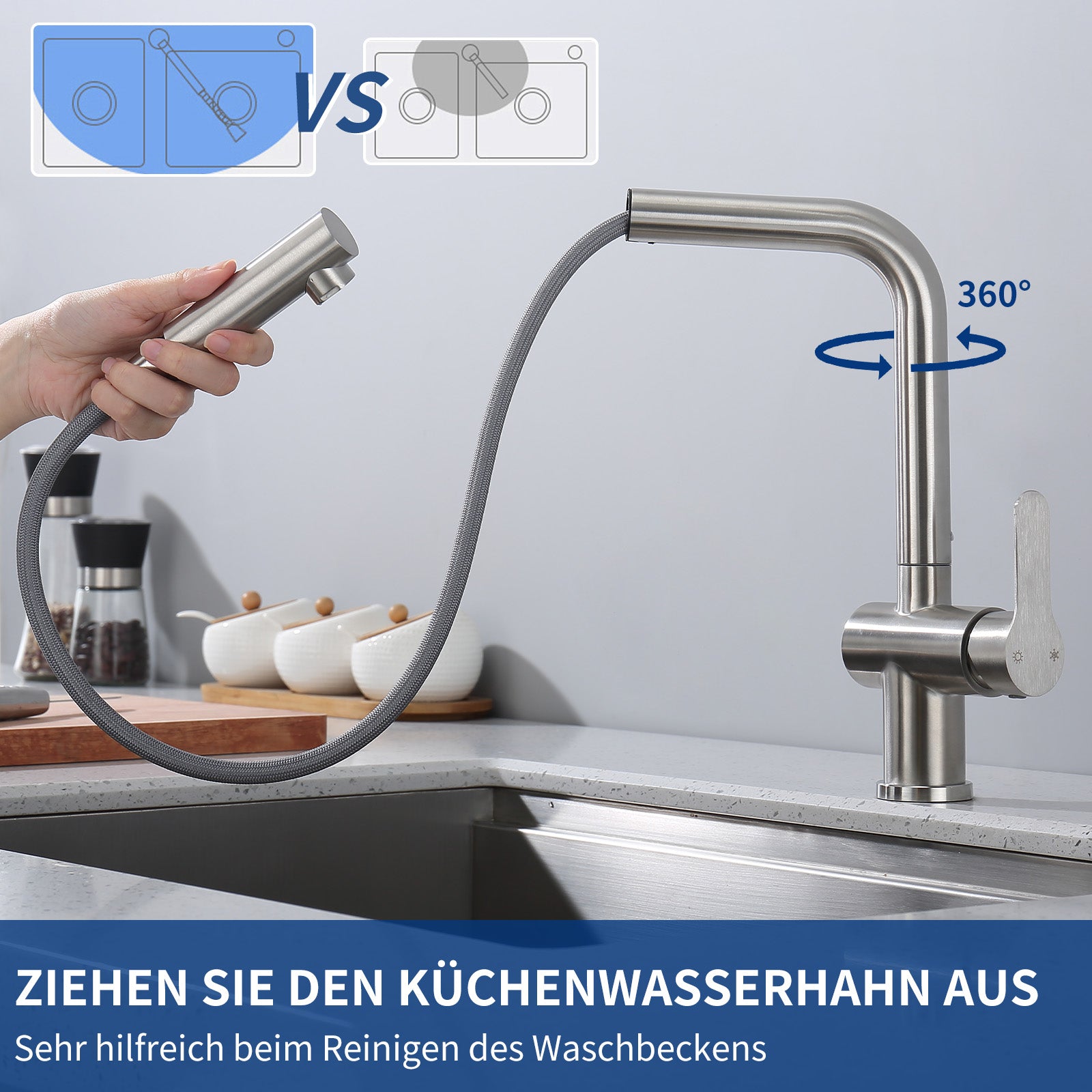 Einhand Ausziehbarer Edelstahl Spülbecken Wasserhahn mit Brause beste Küchenarmaturen Homelody