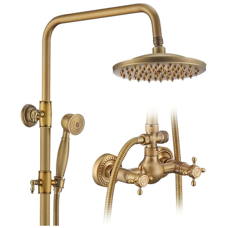 Homelody Retro Klassische Doppelgriff Duschsäule in Gold Verstellbares Duschsystem mit 20 cm Schwenkduschkopf mit Regendusche Handbrause Messing