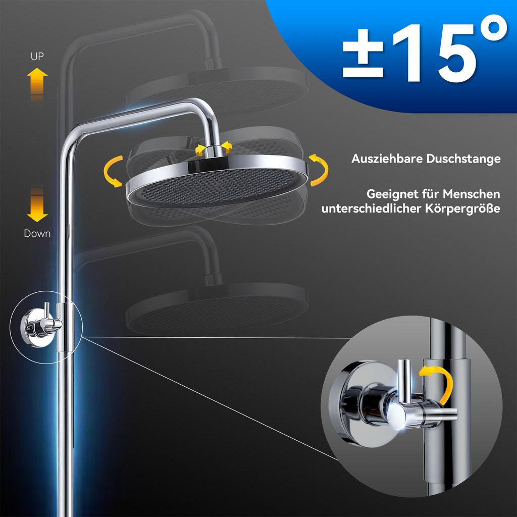 Homelody Duschsystem mit Thermostat Regendusche Regenkopf Runde Duschsäule Duscharmatur 38℃ inkl. 3 Strahlarten Handbrause, höhenverstellbar Duschstange