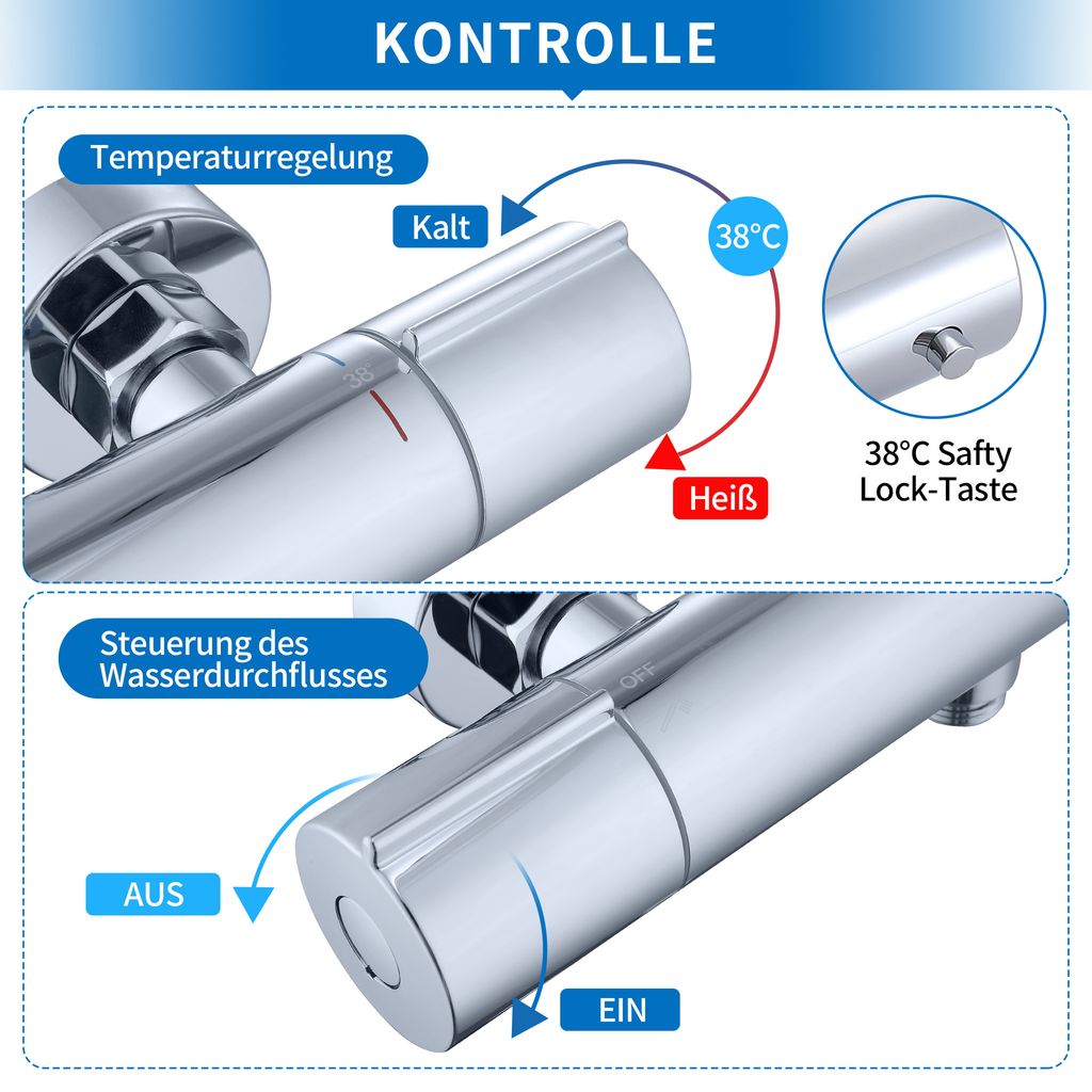 Homelody Duscharmatur mit Thermostat Chrom Mischbatterie Dusche mit 38°C Sicherheitstaste Duschthermostat Armatur Edelstahl Duscharmaturen Brausethermostat