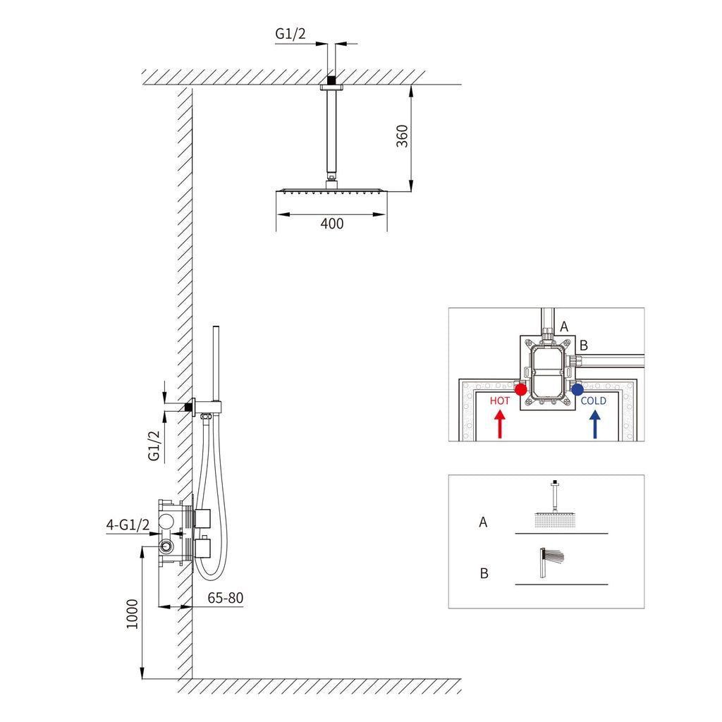 Duschsystem Schwarz Unterputz Duscharmatur Duschsystem Unterputz Dusche Regendusche Schwarz inkl.Übergroßer Abgehängte Kopfbrause, Messingkörper