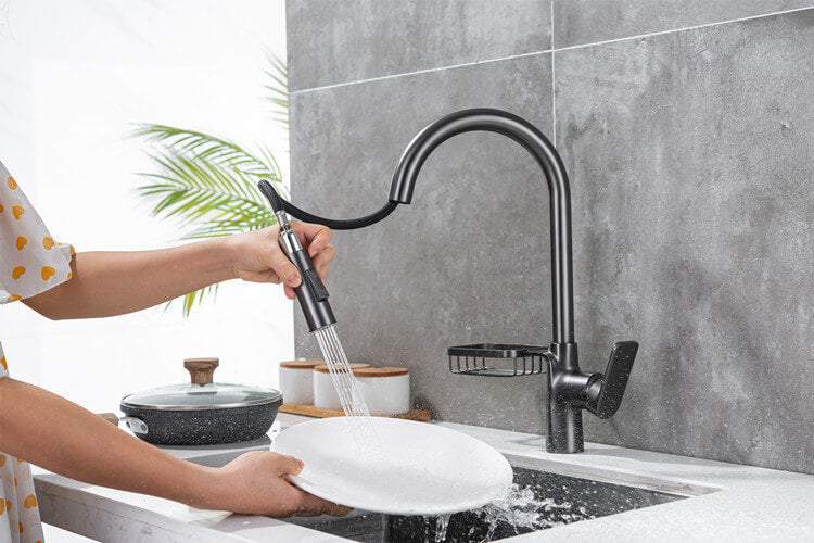 Homelody Messing 360 ° Drehung Wasserhahn Küche ausziehbar Küchenarmatur mit Brause Edelstahl Mischbatterie und Lagerregale