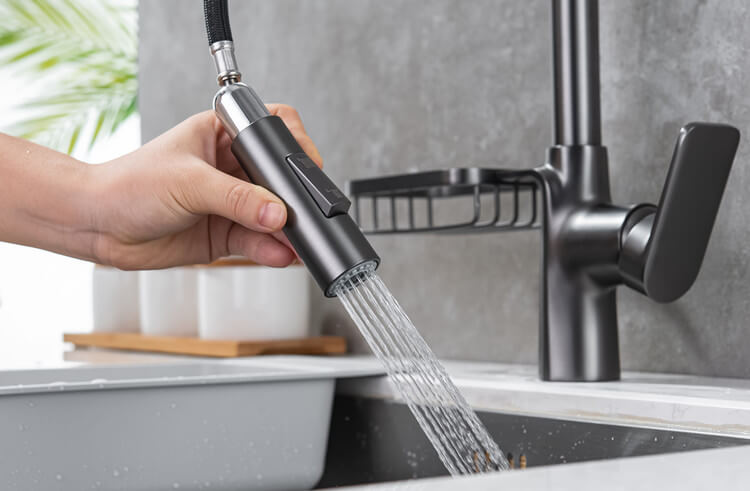 Homelody Messing 360 ° Drehung Wasserhahn Küche ausziehbar Küchenarmatur mit Brause Edelstahl Mischbatterie und Lagerregale