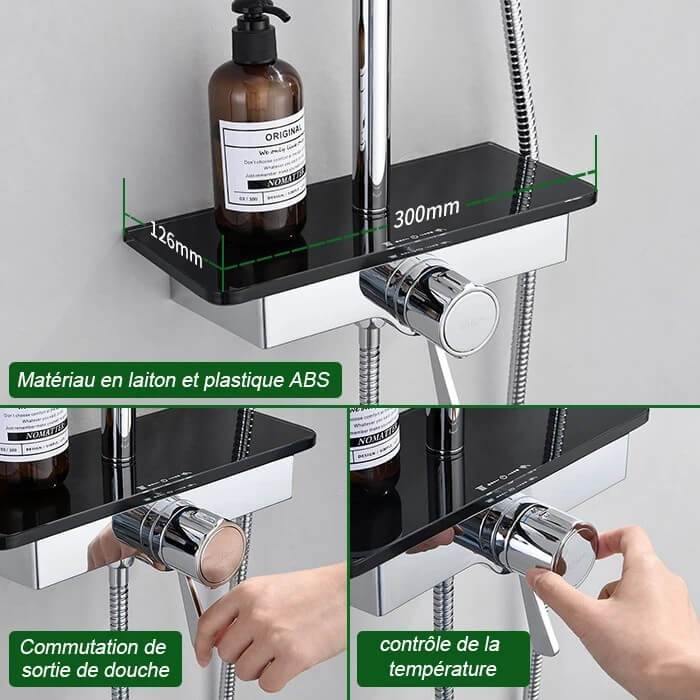 3-Jets Handbrause Thermostatische Duscharmatur mit Ablageschale Höhenverstellbares Duschset