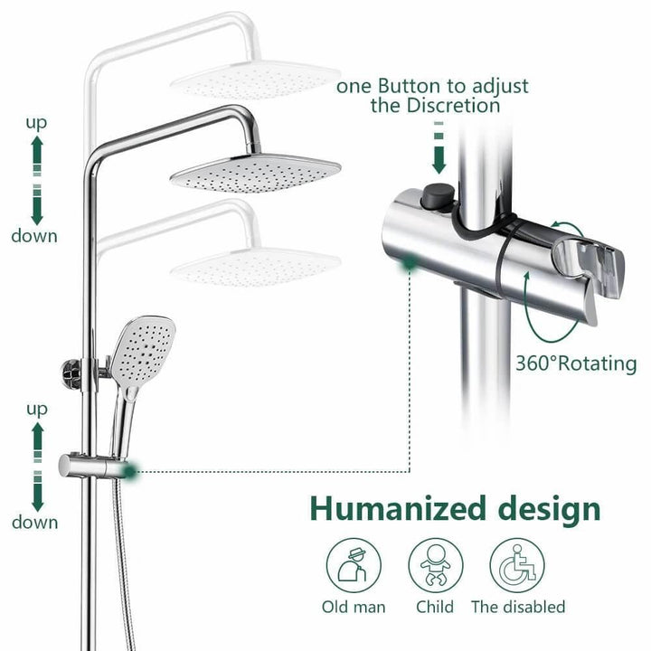 3-Jets Handbrause Thermostatische Duscharmatur mit Ablageschale Höhenverstellbares Duschset