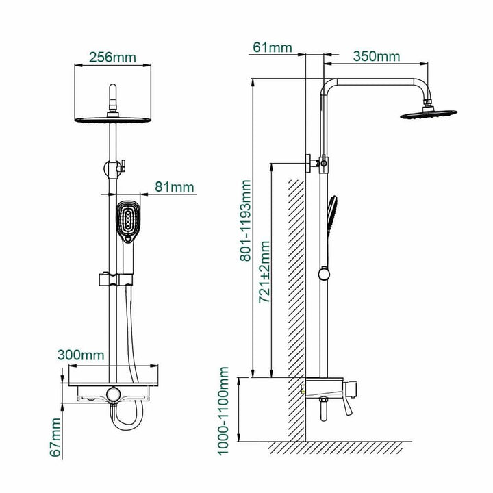 3-Jets Handbrause Thermostatische Duscharmatur mit Ablageschale Höhenverstellbares Duschset