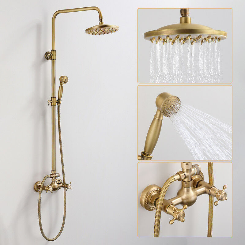 Homelody Retro Klassische Doppelgriff Duschsäule in Gold Verstellbares Duschsystem mit 20 cm Schwenkduschkopf mit Regendusche Handbrause Messing