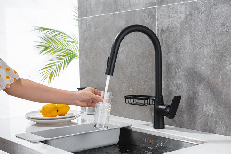 Homelody Messing 360 ° Drehung Wasserhahn Küche ausziehbar Küchenarmatur mit Brause Edelstahl Mischbatterie und Lagerregale