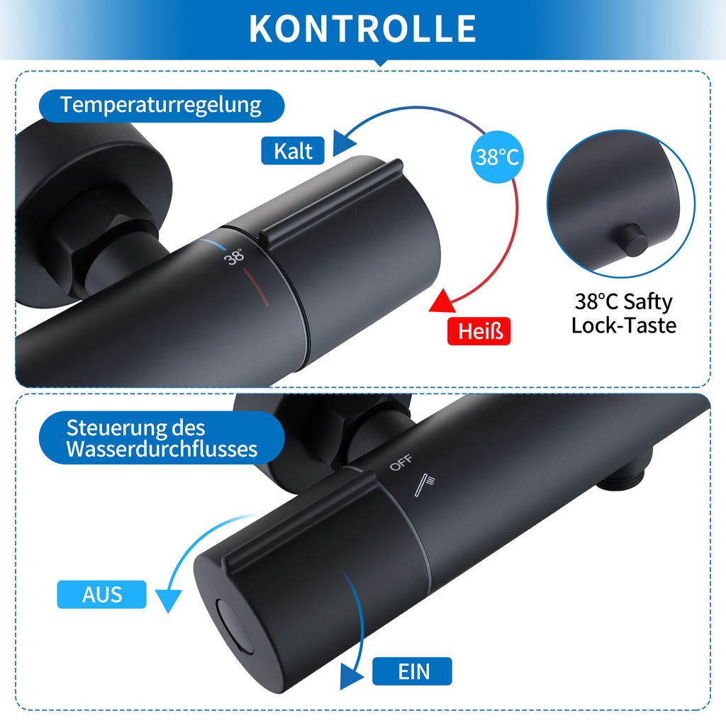 Homelody Duscharmatur mit Thermostat Schwarz Mischbatterie Dusche mit 38°C Sicherheitstaste Duschthermostat Armatur Edelstahl Duscharmaturen Brausethermostat