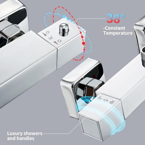 HOMELODY Duschsystem mit Thermostat Regendusche mit Armatur Chrom Eckig Duschset Messing Kopfbrause Edelstahl 30x30CM