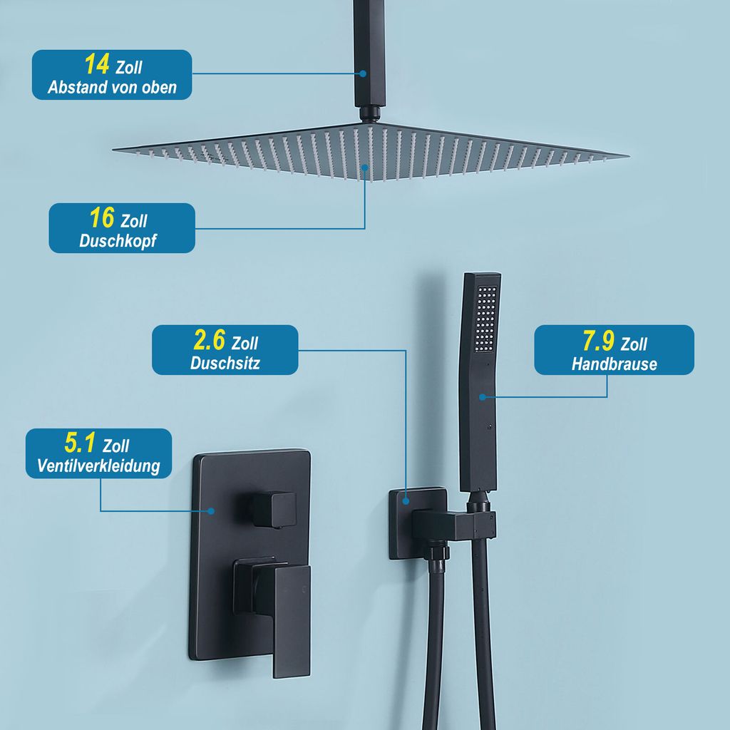 Duschsystem Schwarz Unterputz Duscharmatur Duschsystem Unterputz Dusche Regendusche Schwarz inkl.Übergroßer Abgehängte Kopfbrause, Messingkörper