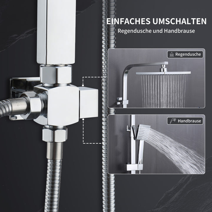 HOMELODY Regendusche Ohne Armatur Duschsystem Duschset Ohne Duscharmatur Chrom Duschgarnitur Verstellbarer Duschstange Duschsäule mit Kopfbrause 20x20cm eckig