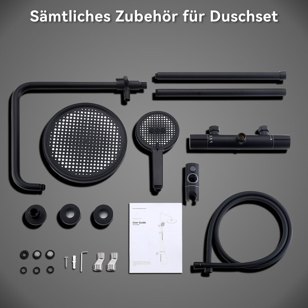 Homelody Duschsystem mit Thermostat Schwarz Duscharmatur Komplettset mit 3 Strahlarten Duschkopf Rund Regendusche mit Armatur 25CM Kopfbrause Duschset