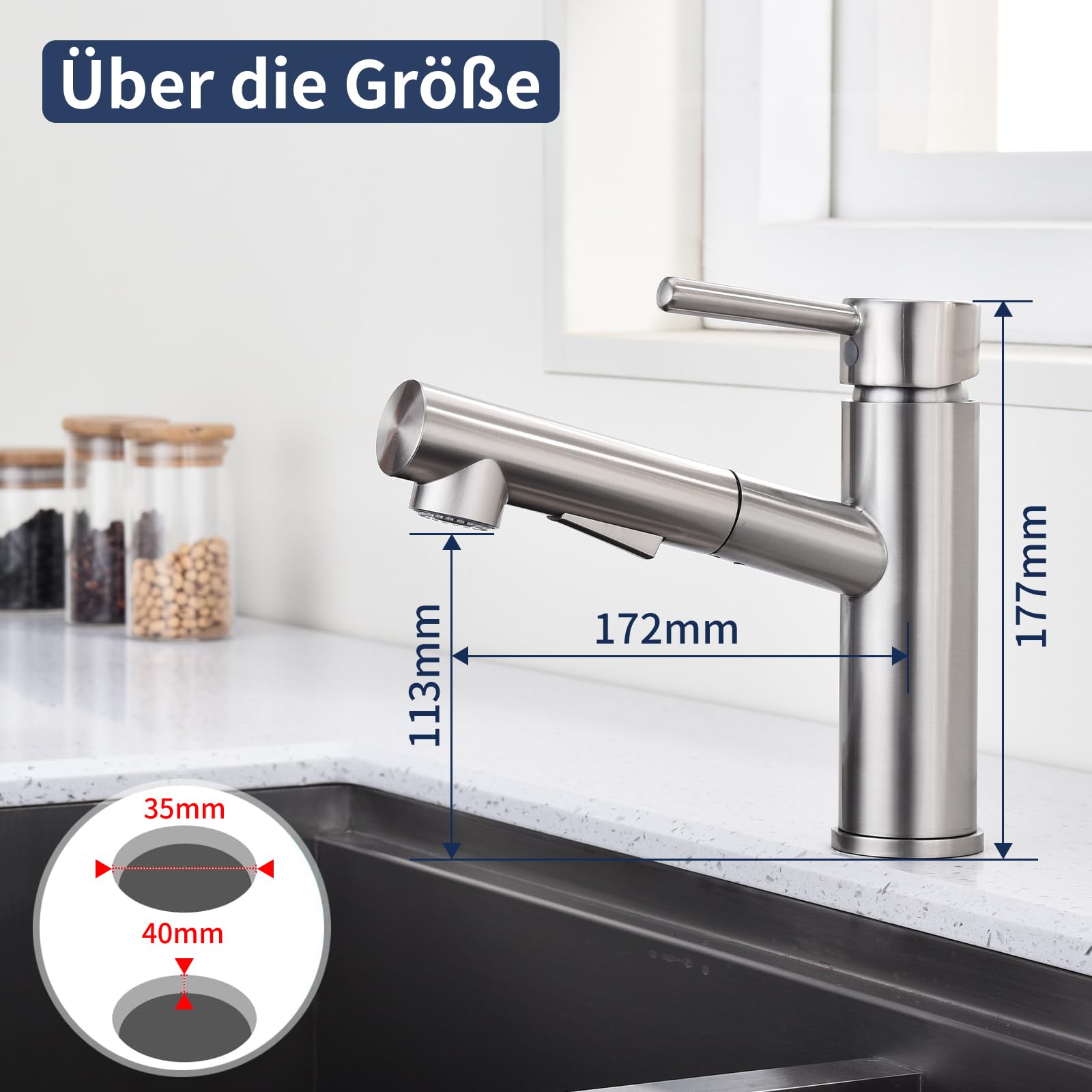 HOMELODY Wasserhahn Küche/Bad Gebürsteter Oberfläche Ausziehbar, Küchenarmatur mit Brause Zwei Wasserstrahlarten