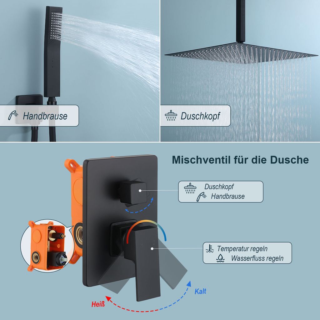 Duschsystem Schwarz Unterputz Duscharmatur Duschsystem Unterputz Dusche Regendusche Schwarz inkl.Übergroßer Abgehängte Kopfbrause, Messingkörper