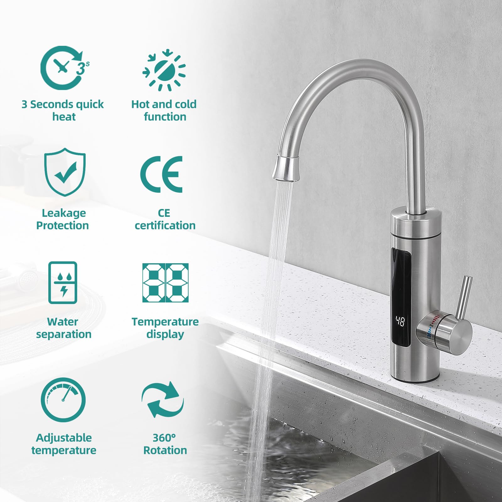 AiHom Elektrischer Wasserhahn mit Durchlauferhitzer 230V, 360° Swivel Warmwasserboiler Küchenarmatur