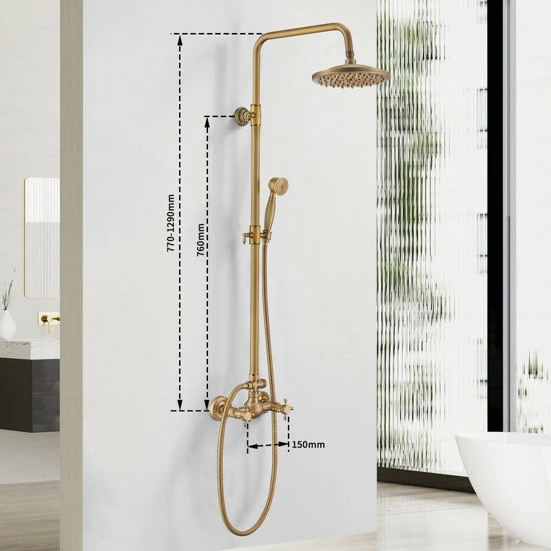 Homelody Retro Klassische Doppelgriff Duschsäule in Gold Verstellbares Duschsystem mit 20 cm Schwenkduschkopf mit Regendusche Handbrause Messing