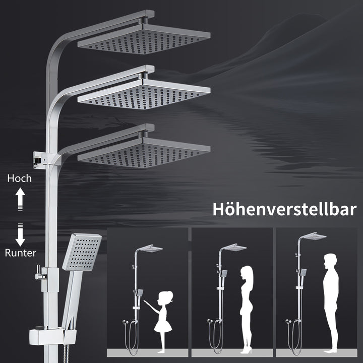 HOMELODY Regendusche Ohne Armatur Duschsystem Duschset Ohne Duscharmatur Chrom Duschgarnitur Verstellbarer Duschstange Duschsäule mit Kopfbrause 20x20cm eckig