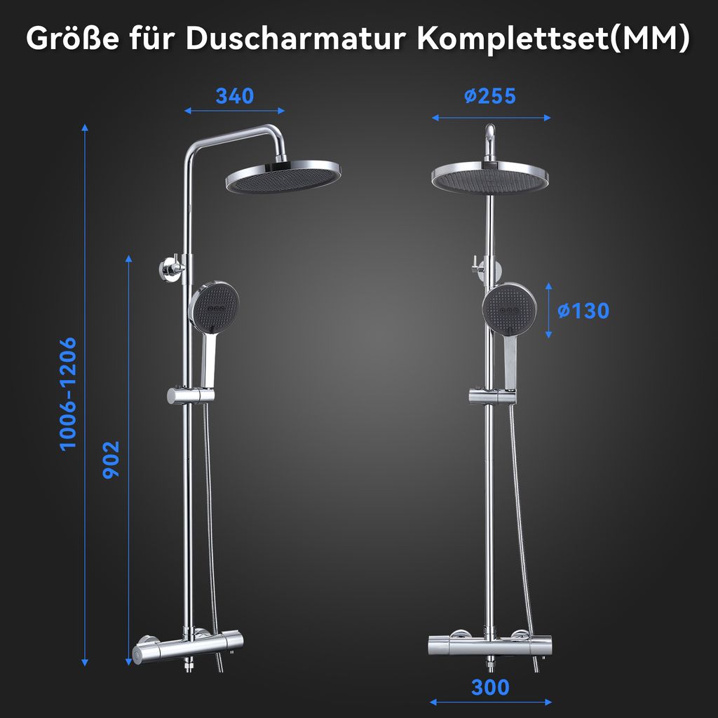 Homelody Duschsystem mit Thermostat Regendusche Regenkopf Runde Duschsäule Duscharmatur 38℃ inkl. 3 Strahlarten Handbrause, höhenverstellbar Duschstange