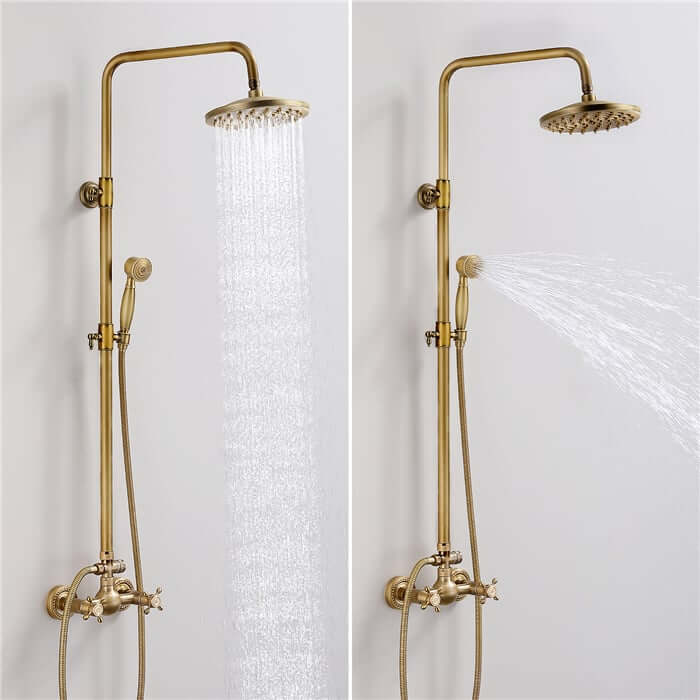 Homelody Retro Klassische Doppelgriff Duschsäule in Gold Verstellbares Duschsystem mit 20 cm Schwenkduschkopf mit Regendusche Handbrause Messing