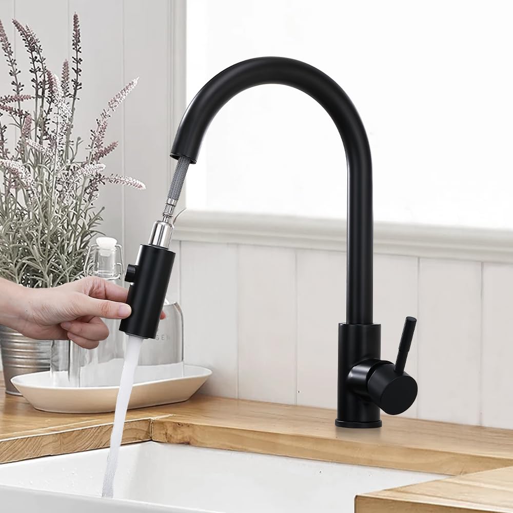 HOMELODY Schwarz Küchenarmatur Ausziehbar 360° Drehbar,Mischbatterie Küche Wasserhahn Ausziehbar mit 2 Modus,Armatur Küche Schwarz Wasserhahn Edelstahl Hochdruck