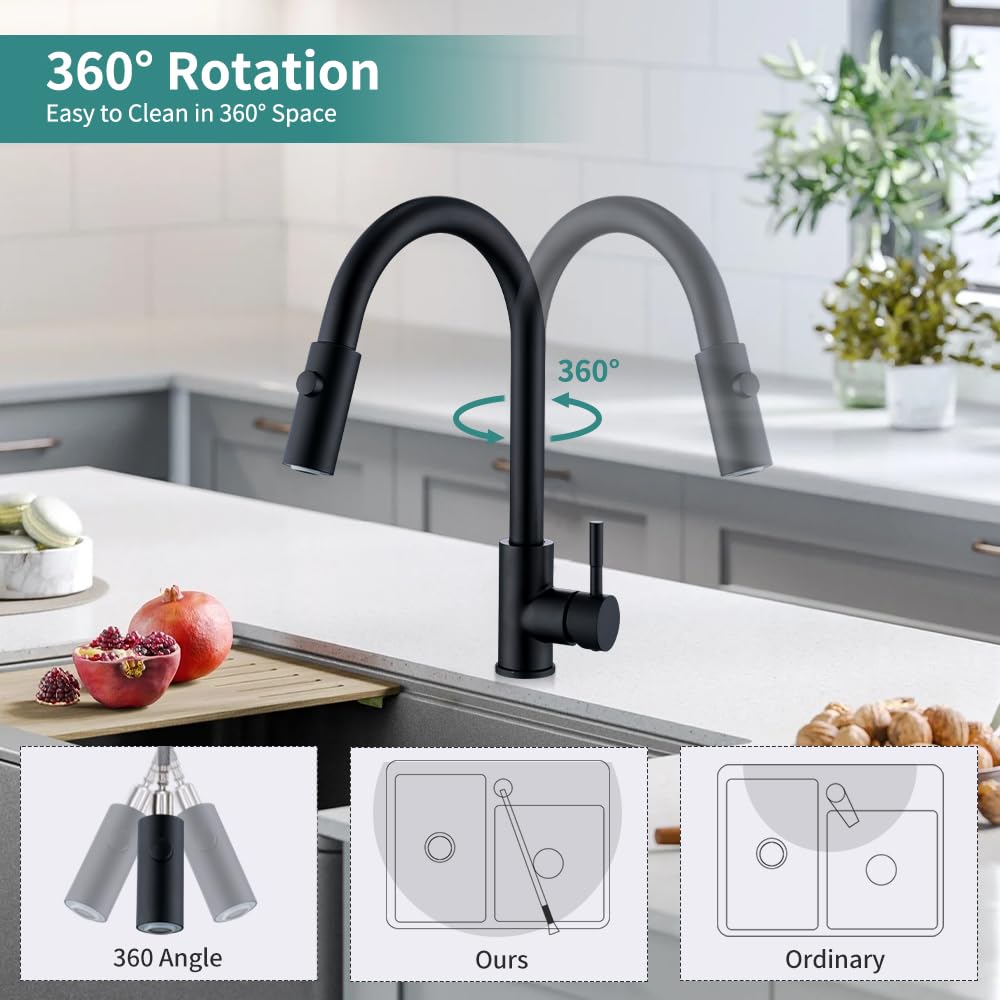 HOMELODY Schwarz Küchenarmatur Ausziehbar 360° Drehbar,Mischbatterie Küche Wasserhahn Ausziehbar mit 2 Modus,Armatur Küche Schwarz Wasserhahn Edelstahl Hochdruck