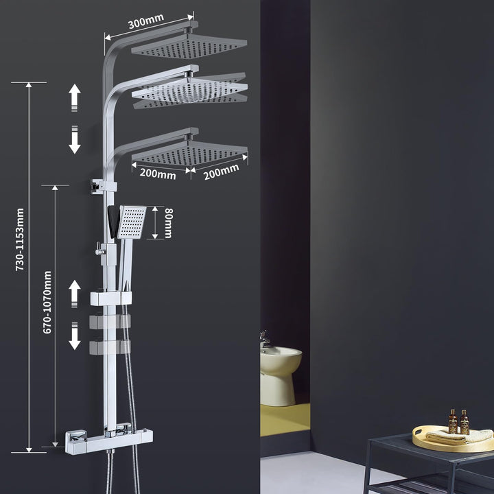 HOMELODY Duschsystem mit Thermostat Chome, Duscharmatur Edelstahl Regendusche mit Armatur inkl. ABS Handbrause, Kopfbrause, Verstellbarer Duschstange