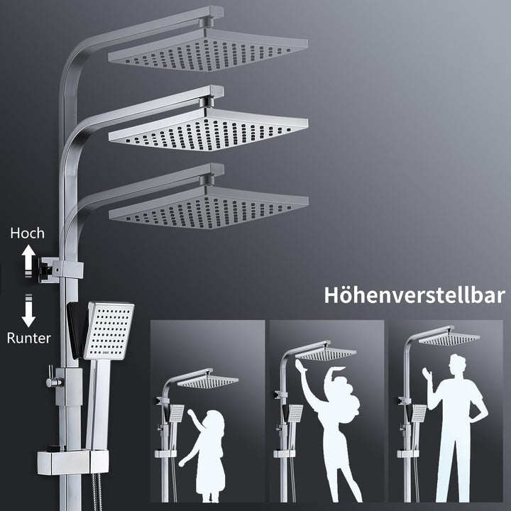 HOMELODY Duschsystem mit Thermostat Chome, Duscharmatur Edelstahl Regendusche mit Armatur inkl. ABS Handbrause, Kopfbrause, Verstellbarer Duschstange