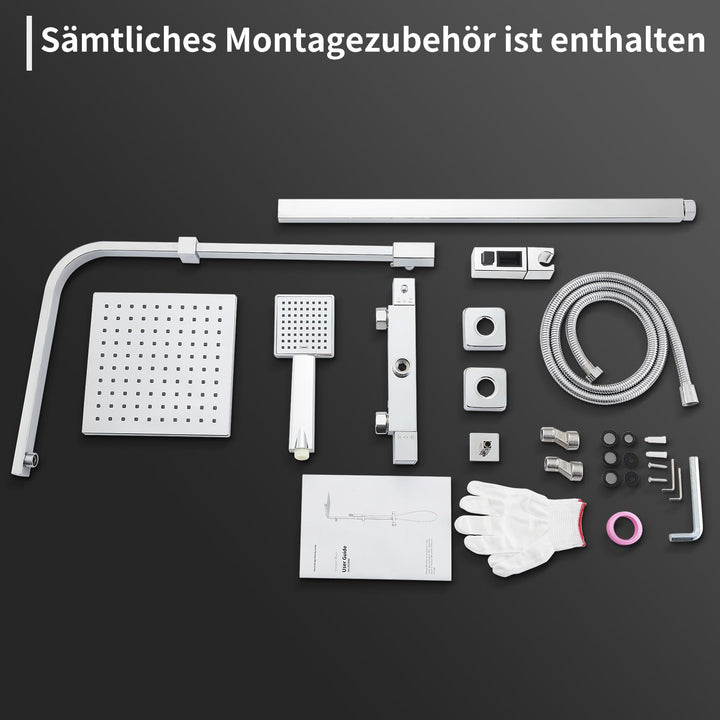 HOMELODY Duschsystem mit Thermostat Chome, Duscharmatur Edelstahl Regendusche mit Armatur inkl. ABS Handbrause, Kopfbrause, Verstellbarer Duschstange