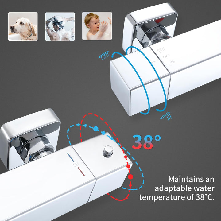 HOMELODY Duschsystem mit Thermostat Chrom - Duscharmatur Edelstahl Regendusche mit Armatur inkl.Sicherheitssperre bei 38°C, ABS Handbrause,Kopfbrause,Verstellbarer Duschstange,Duscharmatur komplettset