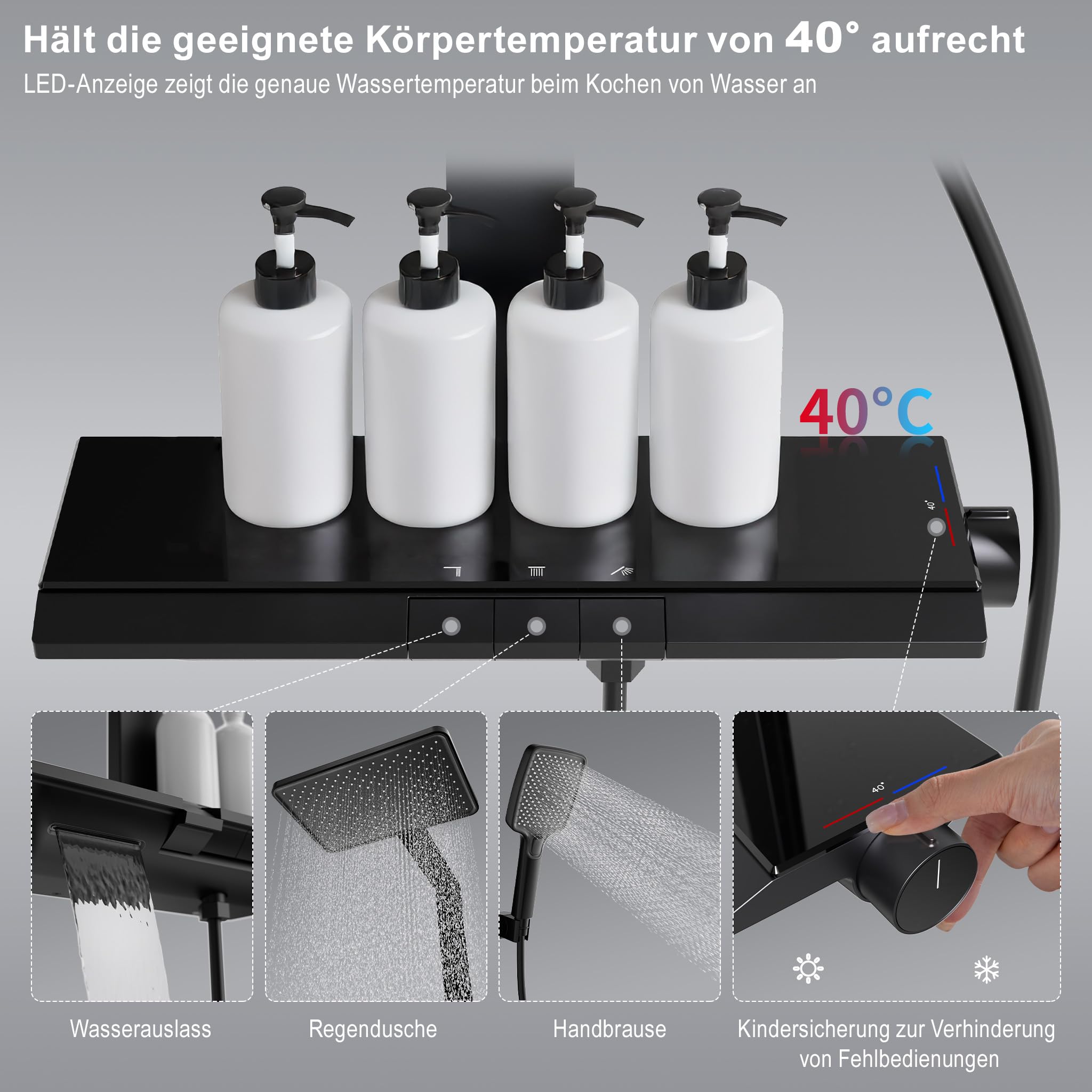 HOMELODY Duschsystem mit Thermostat und Glasablage, Duscharmatur Komplettset, Handbrause mit 3 Strahlarten, Regendusche mit Armatur, Duschset Duschsäuleset