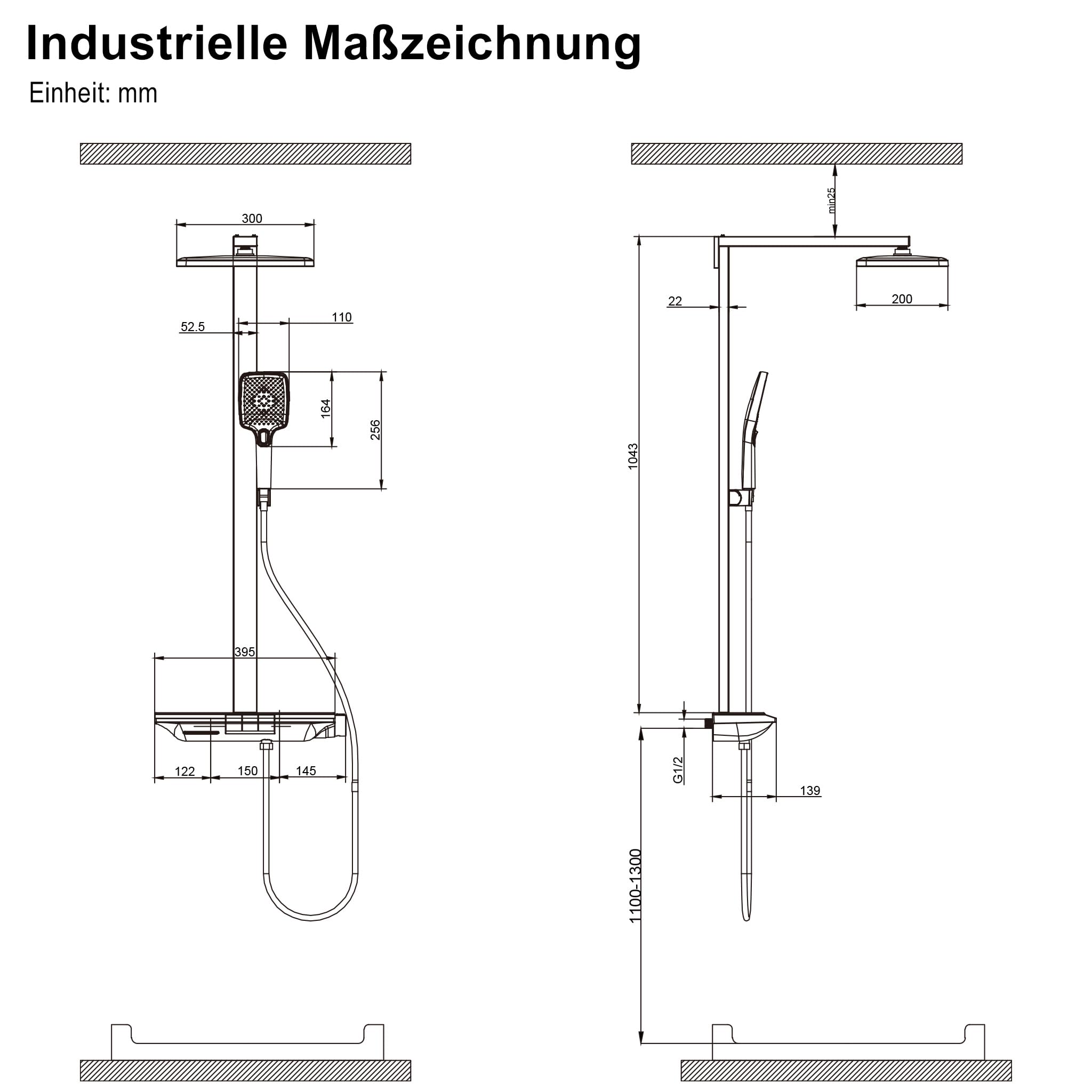 HOMELODY Duschsystem mit Thermostat und Glasablage, Duscharmatur Komplettset, Handbrause mit 3 Strahlarten, Regendusche mit Armatur, Duschset Duschsäuleset