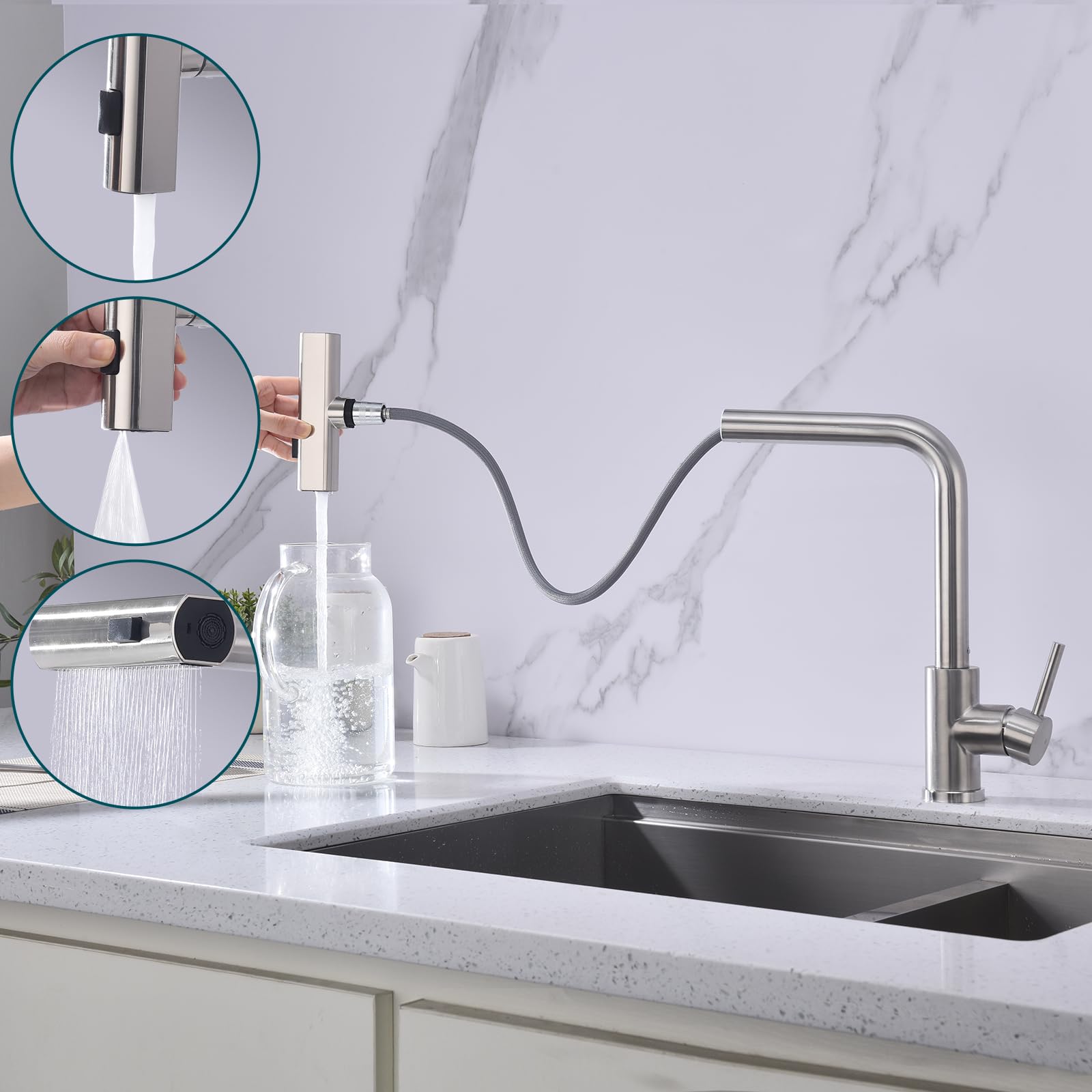 HOMELODY Wasserhahn Küche, Küchenarmatur Ausziehbar mit 3 Strahlarten, Spültischarmatur mit Brause, Armatur Küche 360° Schwenkbar, Mischbatterie Küche Edelstahl Gebürstet