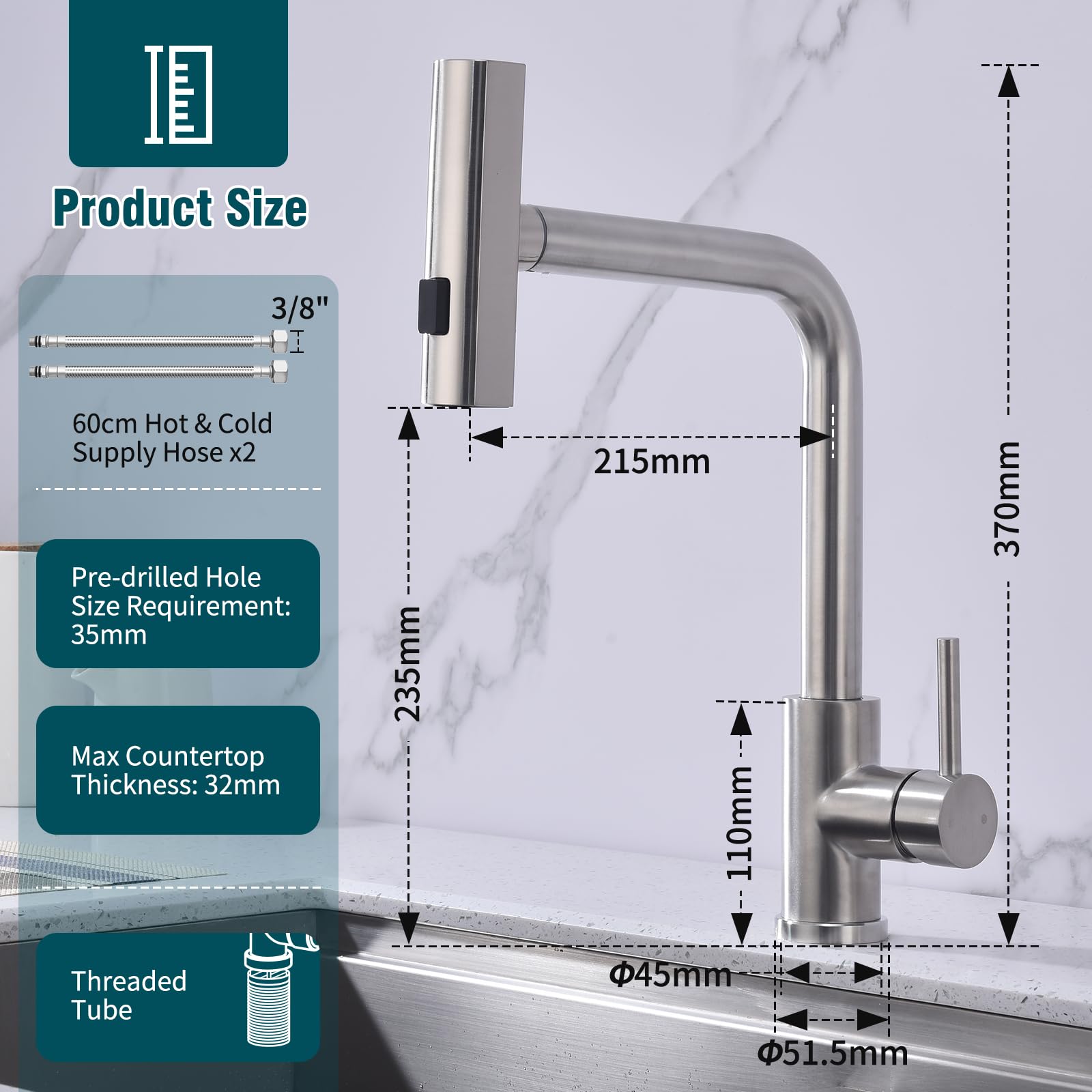 HOMELODY Wasserhahn Küche, Küchenarmatur Ausziehbar mit 3 Strahlarten, Spültischarmatur mit Brause, Armatur Küche 360° Schwenkbar, Mischbatterie Küche Edelstahl Gebürstet