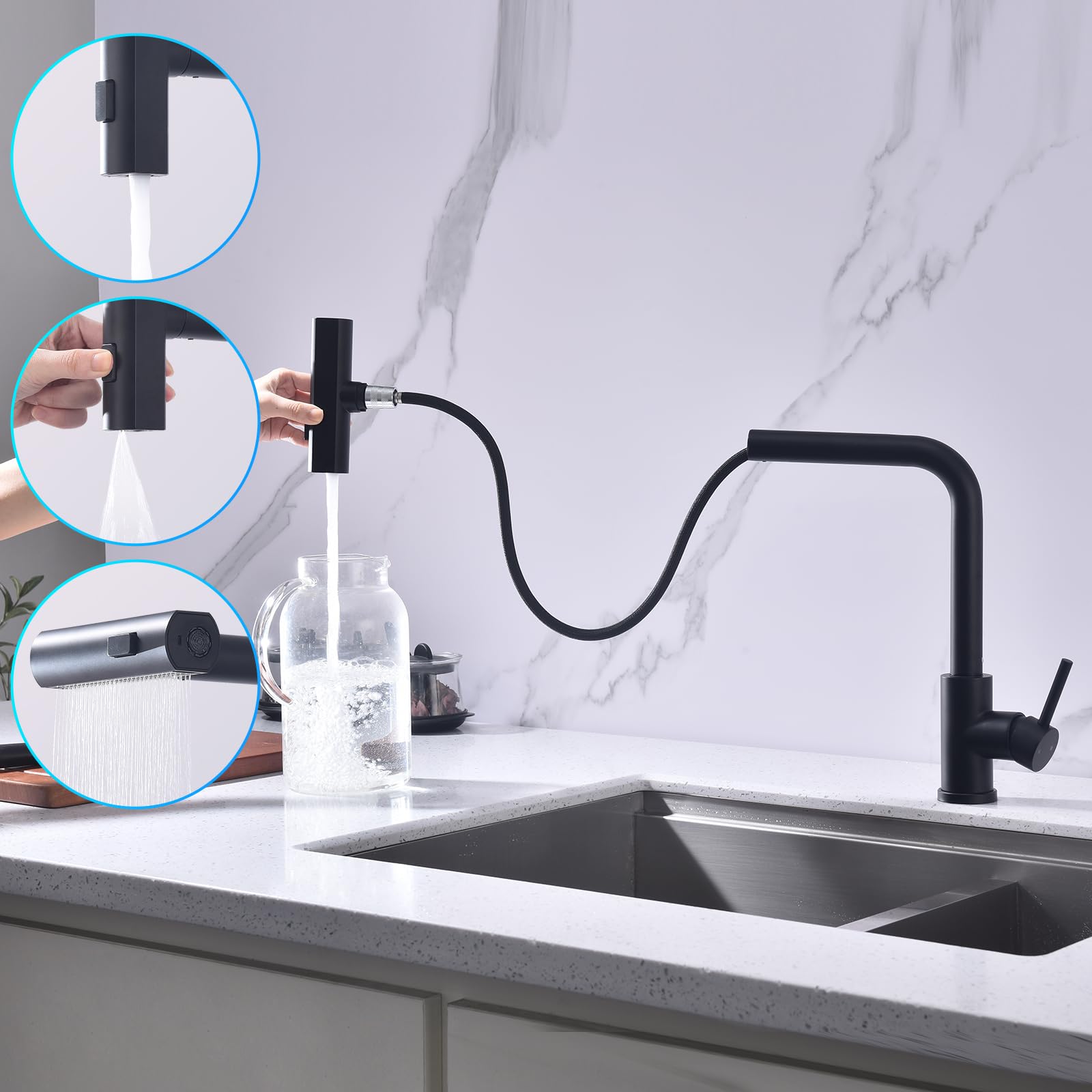 HOMELODY Wasserhahn Küche Schwarz, Küchenarmatur Ausziehbar mit 3 Strahlarten, Spültischarmatur mit Brause, Armatur Küche 360° Schwenkbar, Mischbatterie Küche Edelstahl