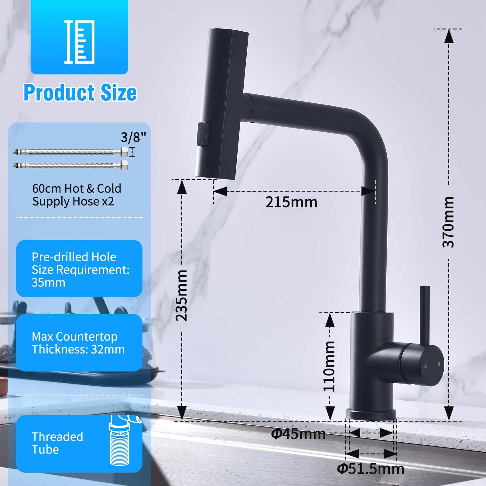 HOMELODY Wasserhahn Küche Schwarz, Küchenarmatur Ausziehbar mit 3 Strahlarten, Spültischarmatur mit Brause, Armatur Küche 360° Schwenkbar, Mischbatterie Küche Edelstahl