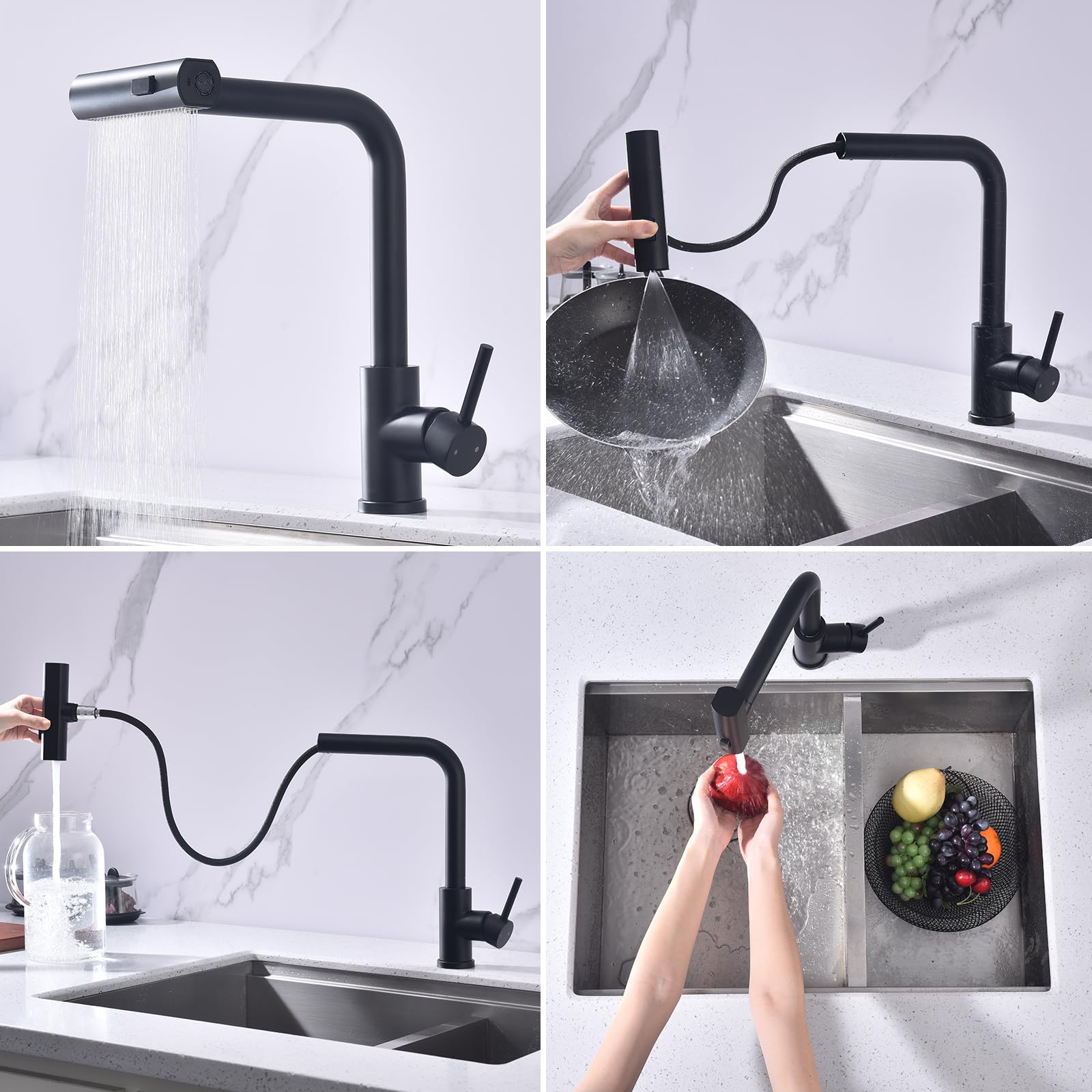 HOMELODY Wasserhahn Küche Schwarz, Küchenarmatur Ausziehbar mit 3 Strahlarten, Spültischarmatur mit Brause, Armatur Küche 360° Schwenkbar, Mischbatterie Küche Edelstahl