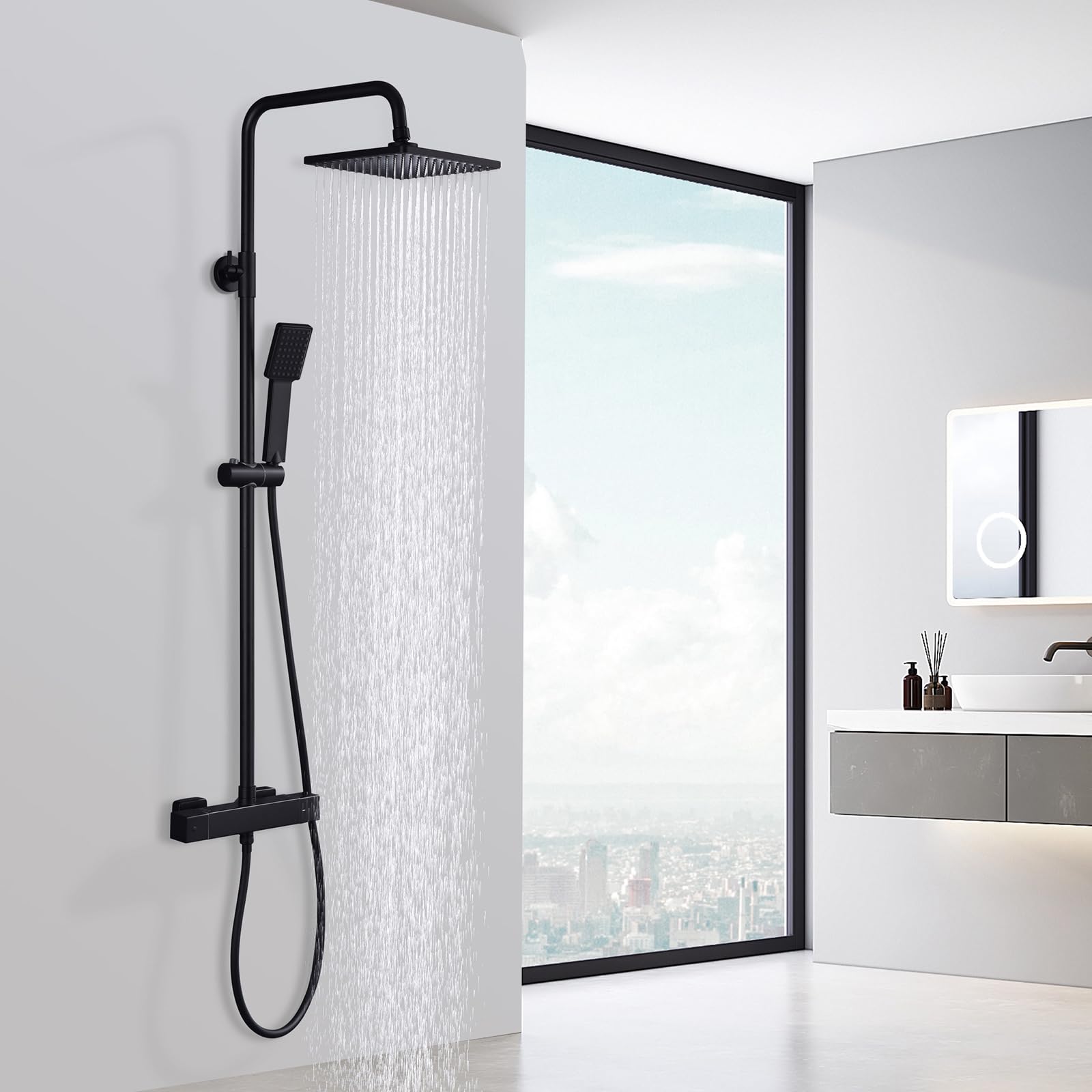 HOMELODY Duschsystem mit Thermostat Schwarz - Duscharmatur Edelstahl Regendusche mit armatur, Duscharmatur Komplettset 2 Shower Head Sicherheitssperre bei 38°C, Duscharmatur Schwarz