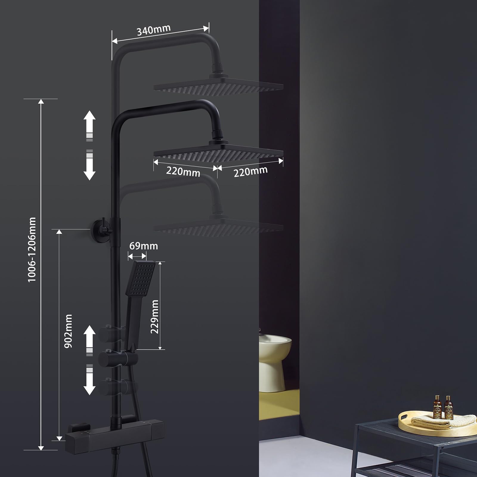 HOMELODY Duschsystem mit Thermostat Schwarz - Duscharmatur Edelstahl Regendusche mit armatur, Duscharmatur Komplettset 2 Shower Head Sicherheitssperre bei 38°C, Duscharmatur Schwarz