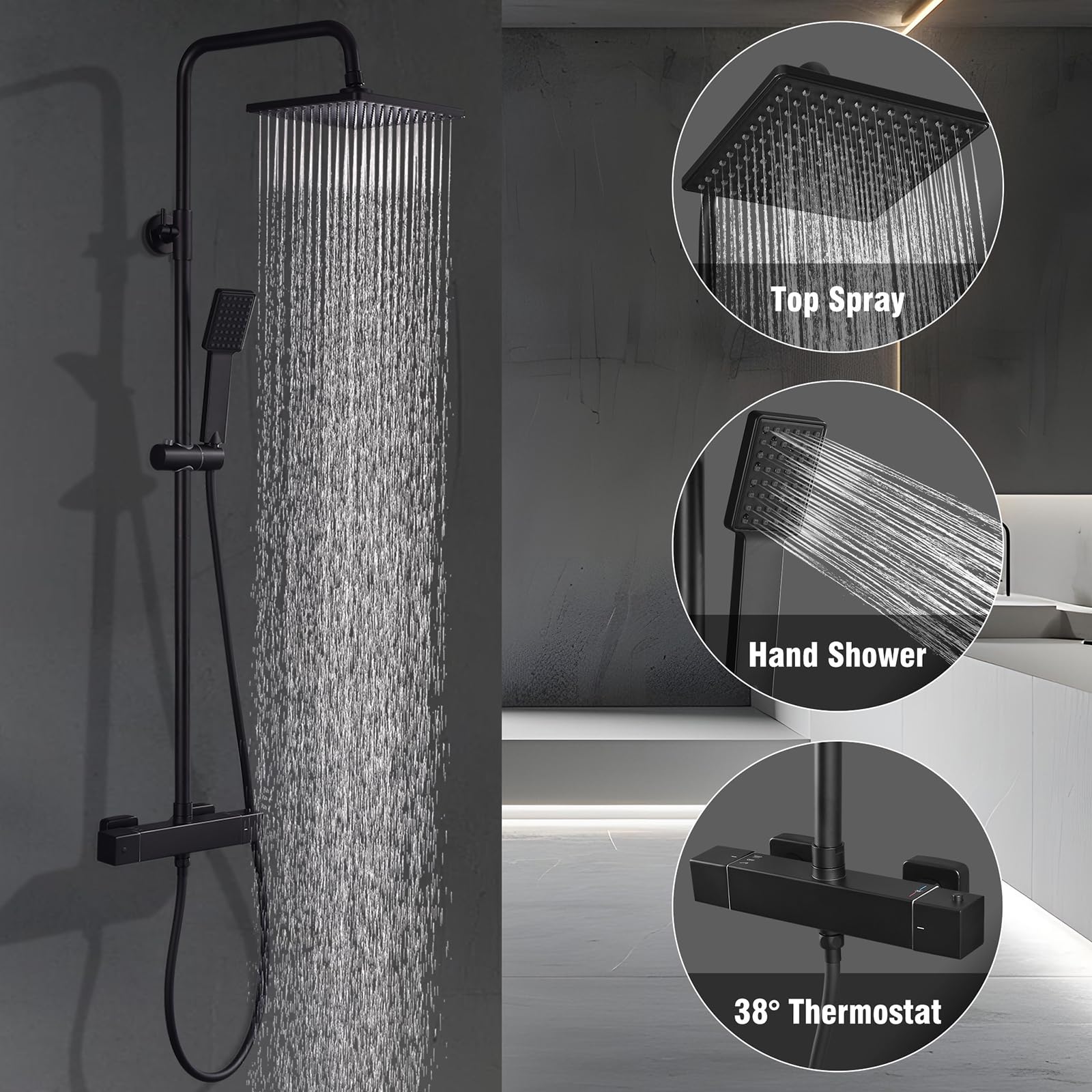 HOMELODY Duschsystem mit Thermostat Schwarz - Duscharmatur Edelstahl Regendusche mit armatur, Duscharmatur Komplettset 2 Shower Head Sicherheitssperre bei 38°C, Duscharmatur Schwarz