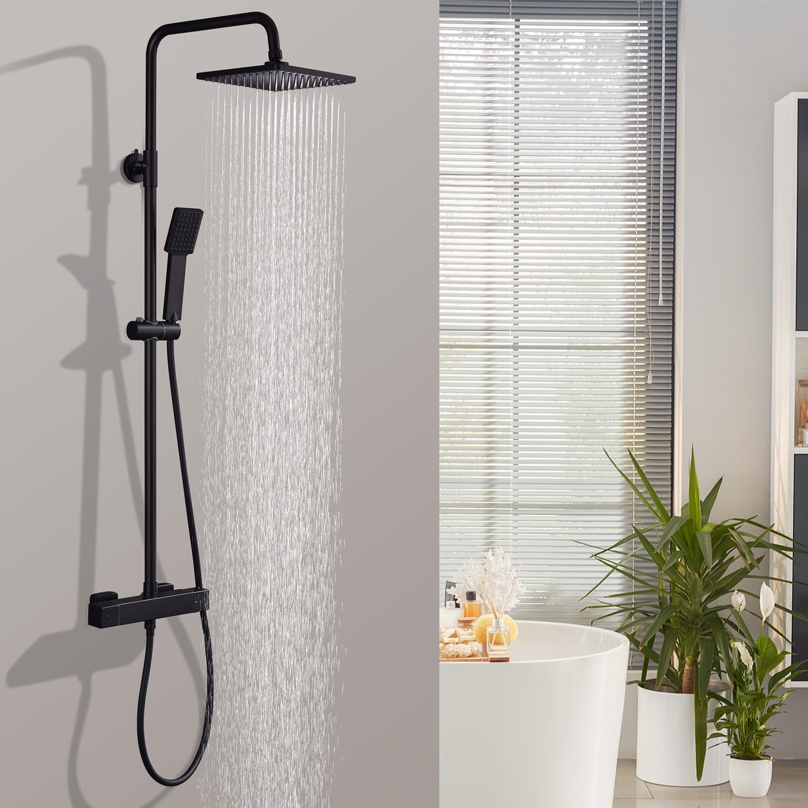 HOMELODY Duschsystem mit Thermostat Schwarz - Duscharmatur Edelstahl Regendusche mit armatur, Duscharmatur Komplettset 2 Shower Head Sicherheitssperre bei 38°C, Duscharmatur Schwarz