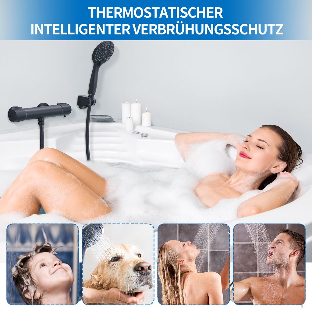 Homelody Duscharmatur mit Thermostat Schwarz Mischbatterie Dusche mit 38°C Sicherheitstaste Duschthermostat Armatur Edelstahl Duscharmaturen Brausethermostat