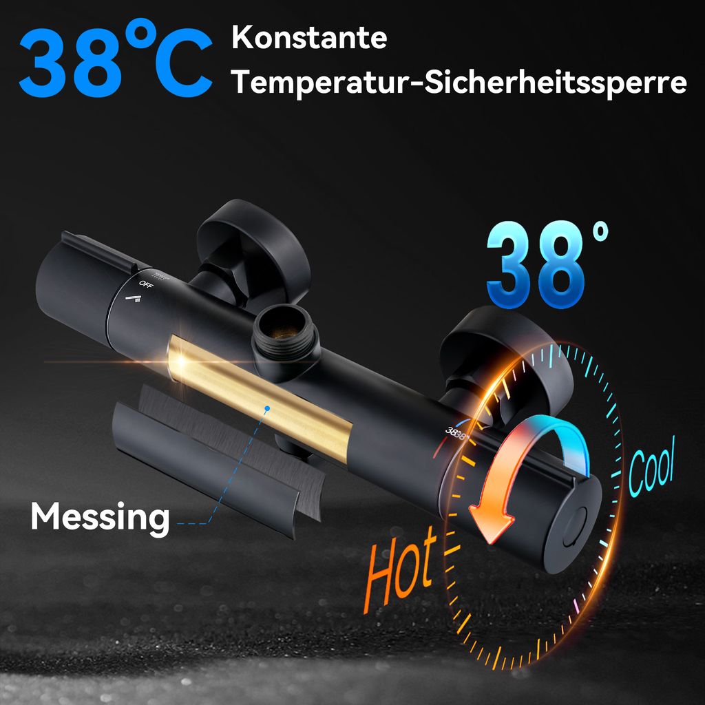 Homelody Duschsystem mit Thermostat Schwarz Duscharmatur Komplettset mit 3 Strahlarten Duschkopf Rund Regendusche mit Armatur 25CM Kopfbrause Duschset