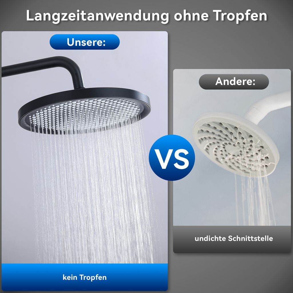 Homelody Duschsystem mit Thermostat Schwarz Duscharmatur Komplettset mit 3 Strahlarten Duschkopf Rund Regendusche mit Armatur 25CM Kopfbrause Duschset