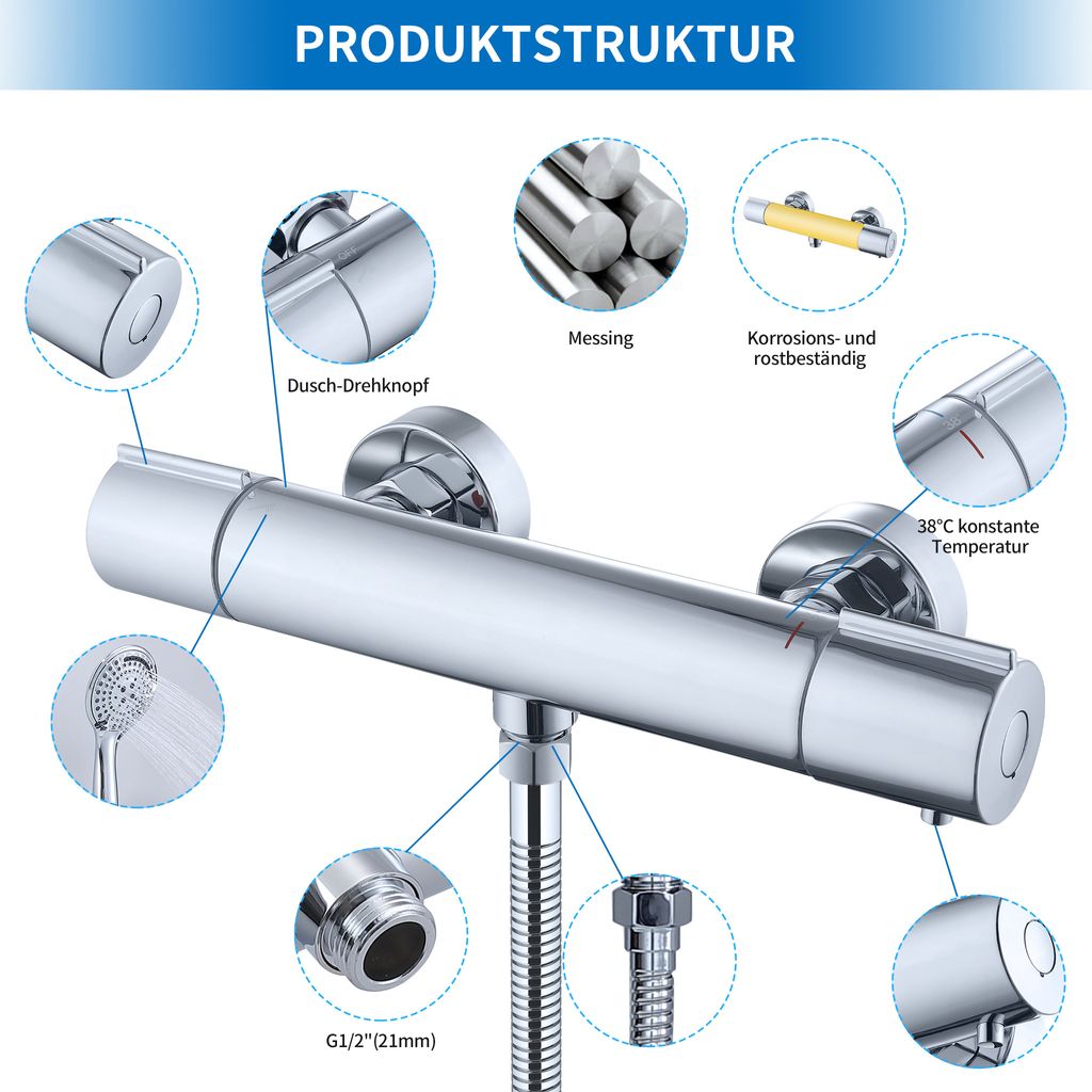 Homelody Duscharmatur mit Thermostat Chrom Mischbatterie Dusche mit 38°C Sicherheitstaste Duschthermostat Armatur Edelstahl Duscharmaturen Brausethermostat