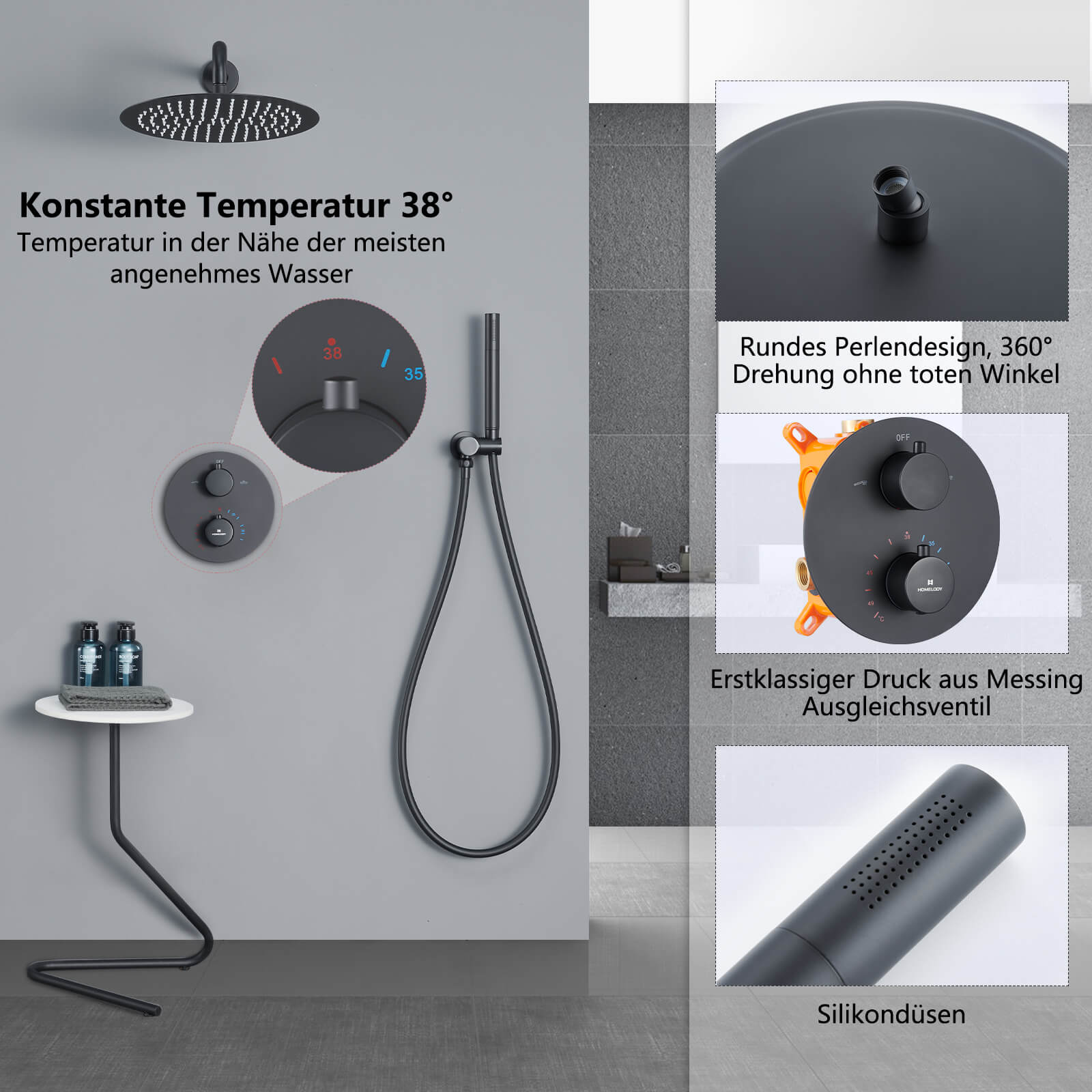 Homeloody 38 ° C Konstante Temperatur Rundes Unterputz-Duschsystem 30 cm * 30 cm Runde Kopfbrause