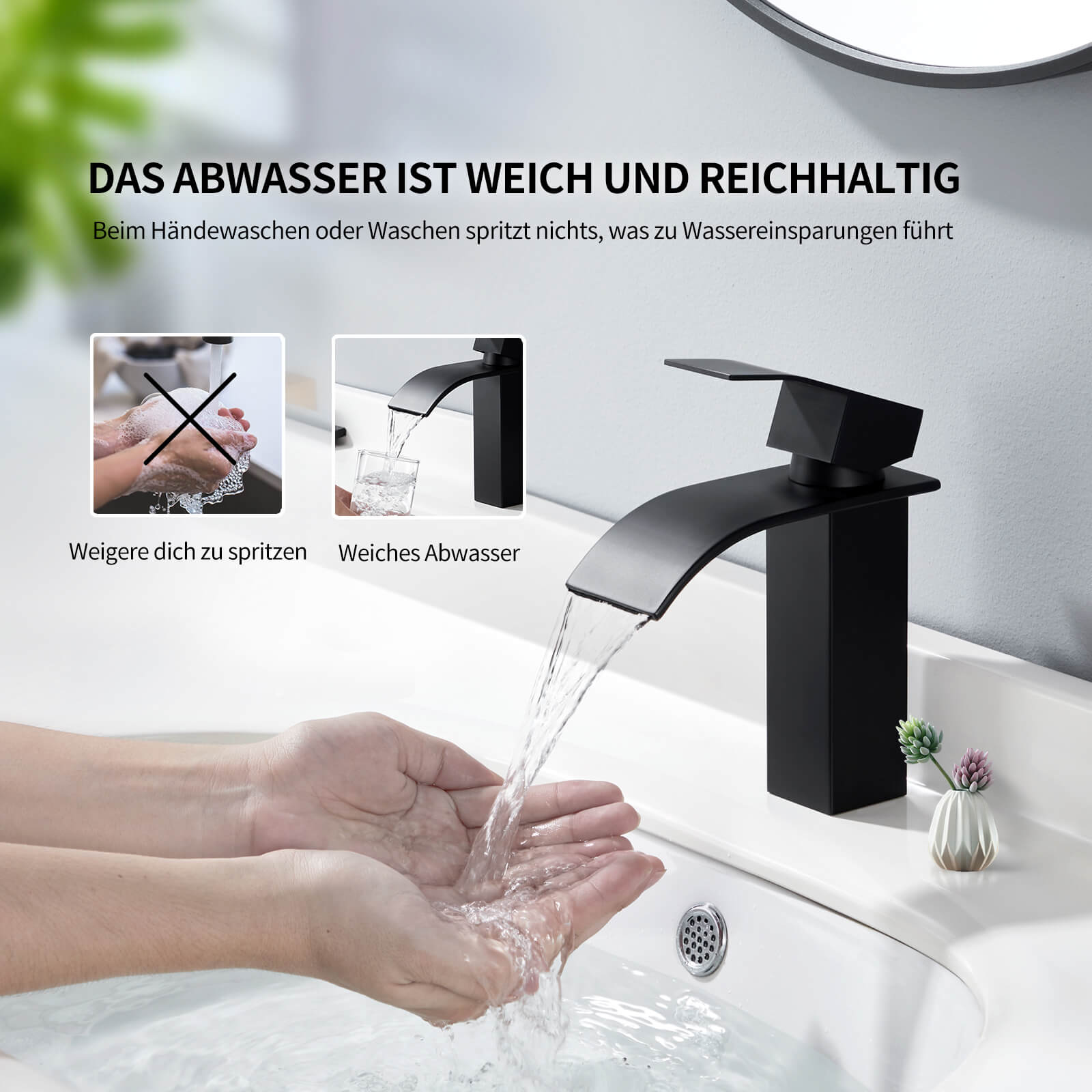 Homelody Wasserfall-Mischbatterie Schwarz Kupfer Badarmatur mit abgeflachtem Auslauf für niedriges Waschbecken und Handspüler